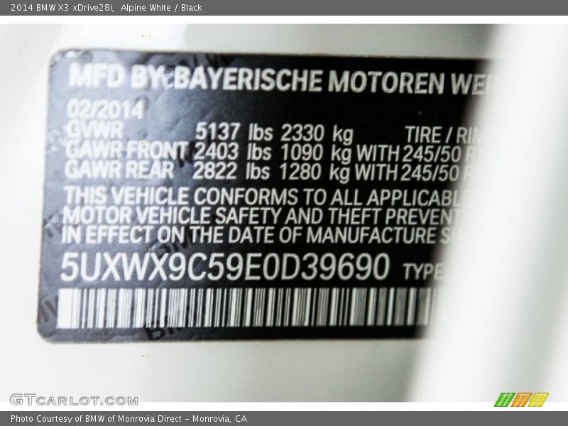 Alpine White / Black 2014 BMW X3 xDrive28i