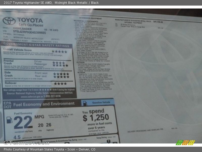 Midnight Black Metallic / Black 2017 Toyota Highlander SE AWD