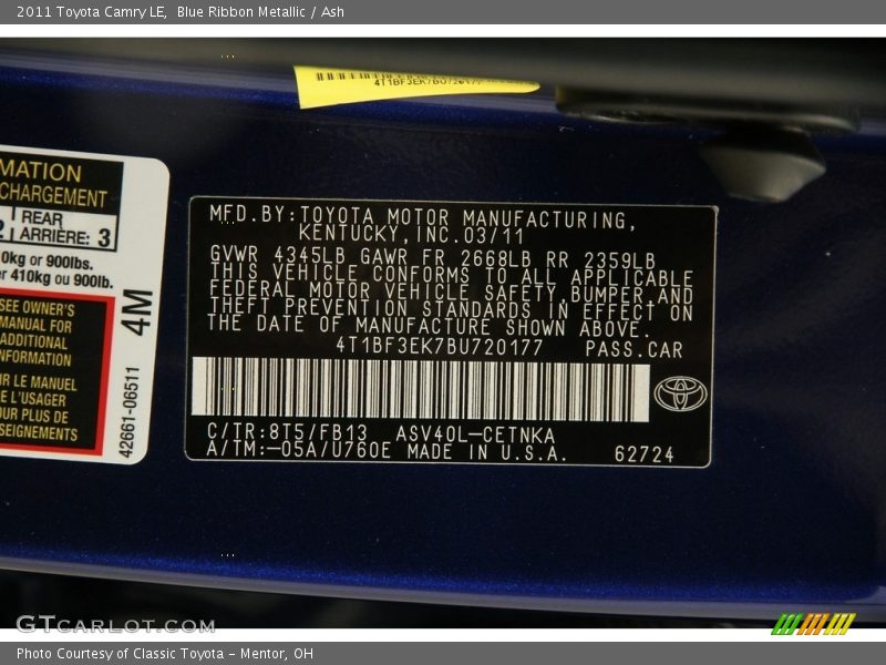 Blue Ribbon Metallic / Ash 2011 Toyota Camry LE