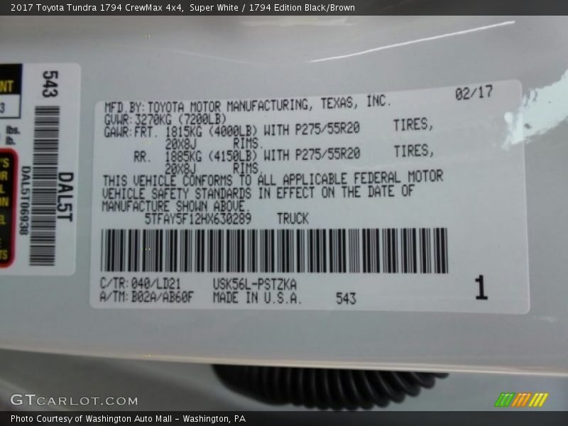 2017 Tundra 1794 CrewMax 4x4 Super White Color Code 040