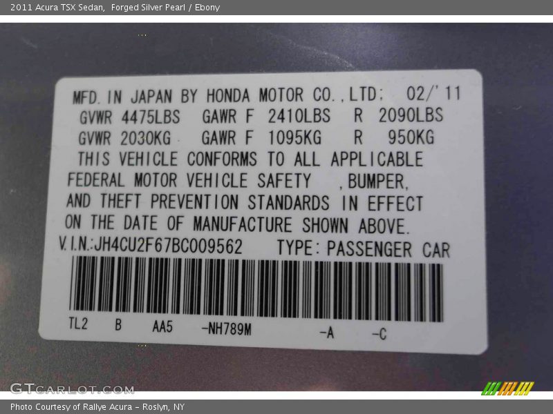 Forged Silver Pearl / Ebony 2011 Acura TSX Sedan