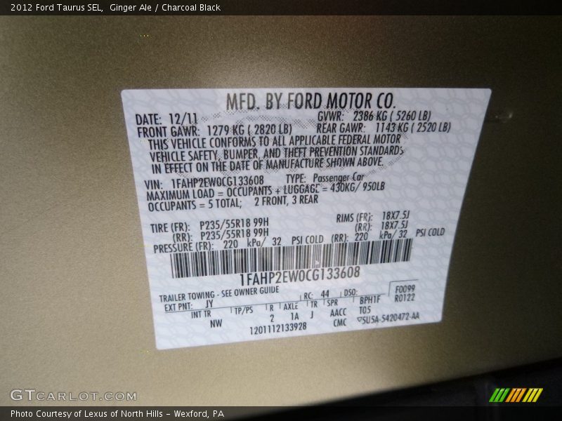 Ginger Ale / Charcoal Black 2012 Ford Taurus SEL