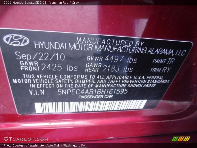 Venetian Red / Gray 2011 Hyundai Sonata SE 2.0T