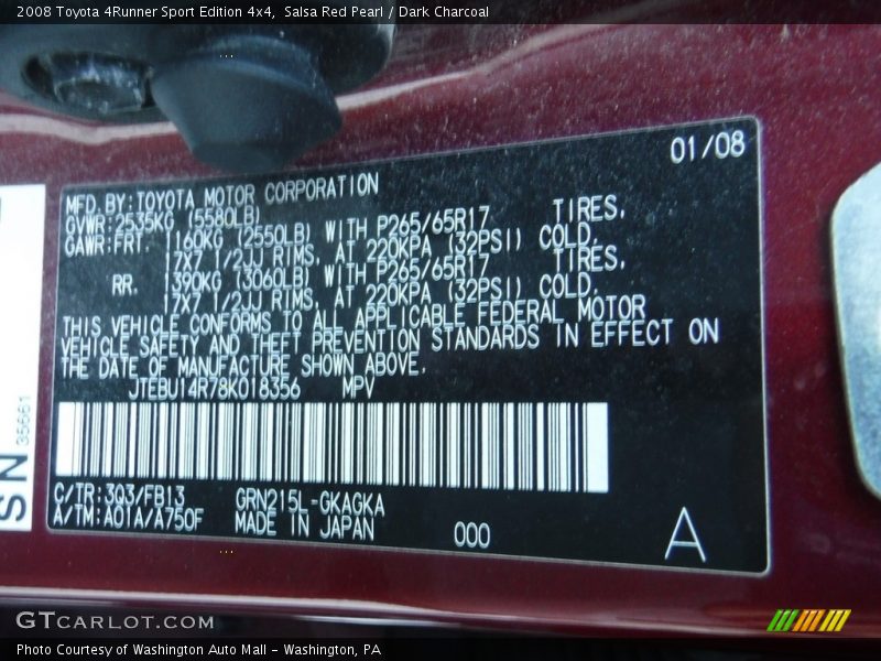 Salsa Red Pearl / Dark Charcoal 2008 Toyota 4Runner Sport Edition 4x4