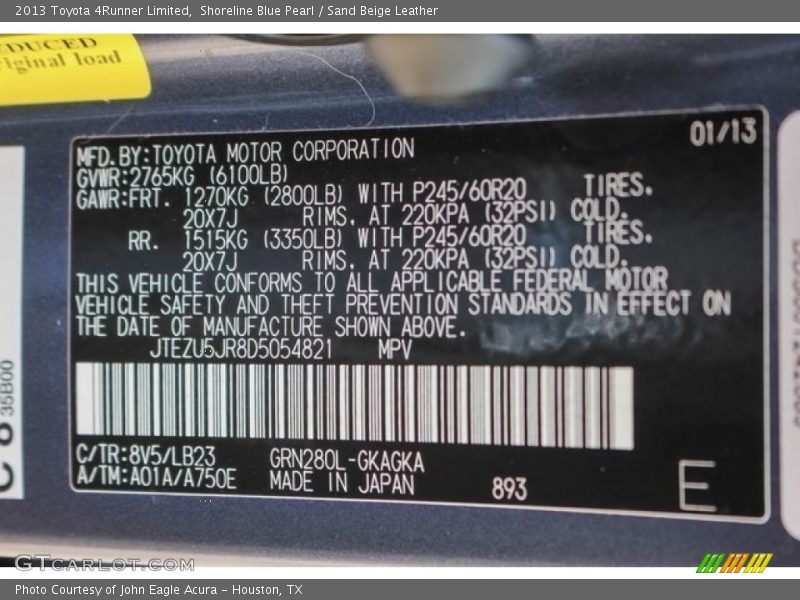 2013 4Runner Limited Shoreline Blue Pearl Color Code 8V5