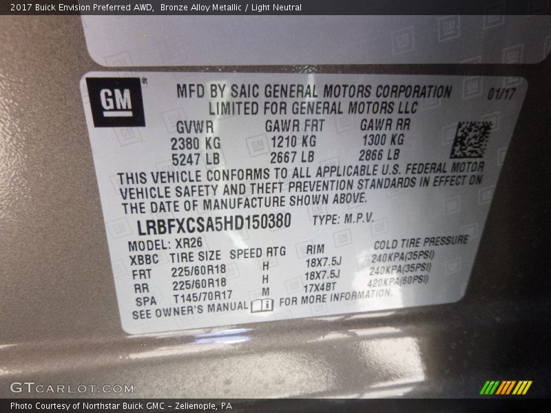 Bronze Alloy Metallic / Light Neutral 2017 Buick Envision Preferred AWD