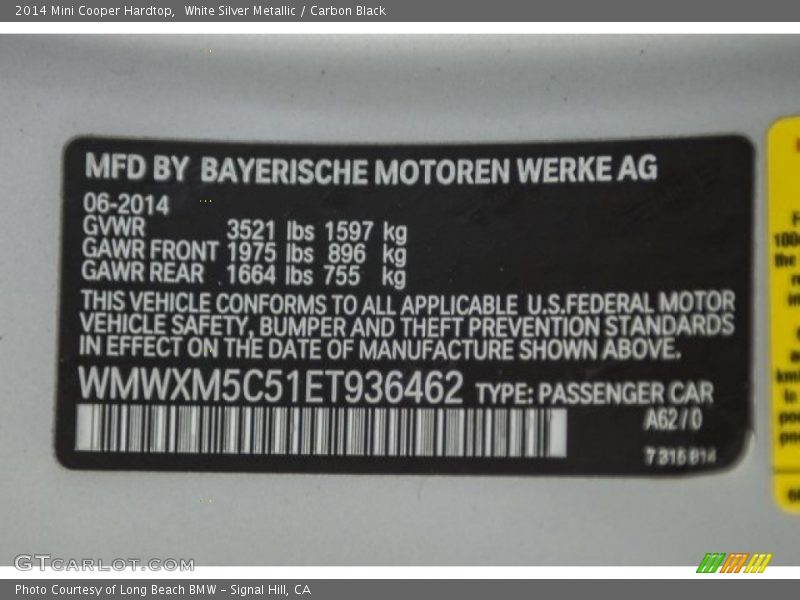 White Silver Metallic / Carbon Black 2014 Mini Cooper Hardtop
