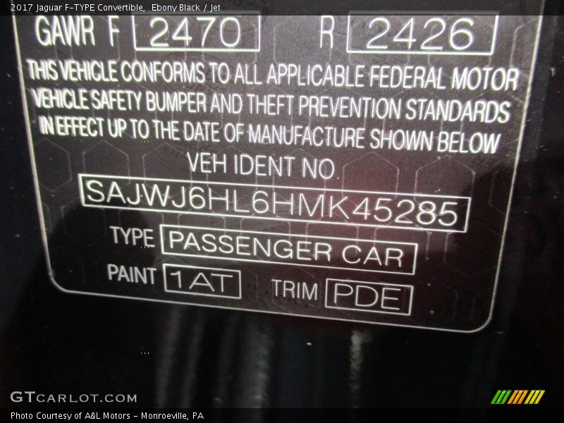 2017 F-TYPE Convertible Ebony Black Color Code 1AT