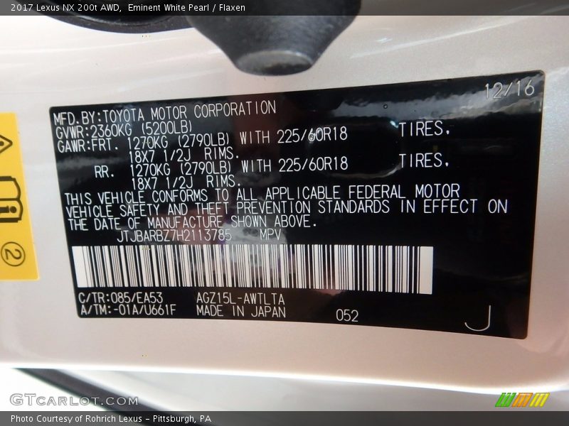 Eminent White Pearl / Flaxen 2017 Lexus NX 200t AWD