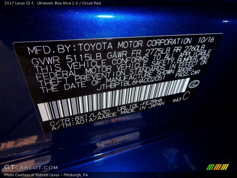 2017 GS F Ultrasonic Blue Mica 2.0 Color Code 8X1