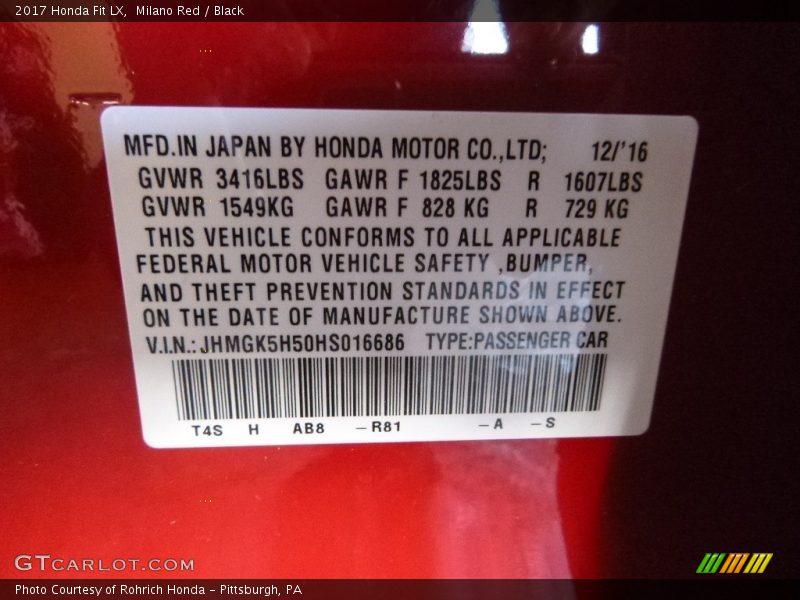 Milano Red / Black 2017 Honda Fit LX