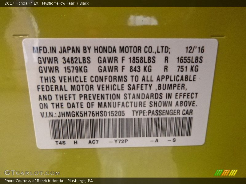 Mystic Yellow Pearl / Black 2017 Honda Fit EX