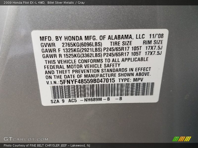 Billet Silver Metallic / Gray 2009 Honda Pilot EX-L 4WD
