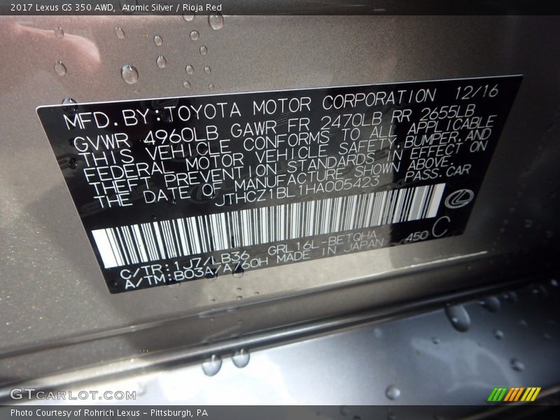 Atomic Silver / Rioja Red 2017 Lexus GS 350 AWD