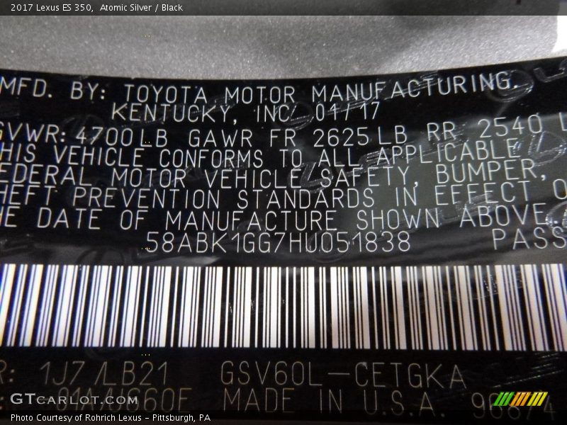 Atomic Silver / Black 2017 Lexus ES 350