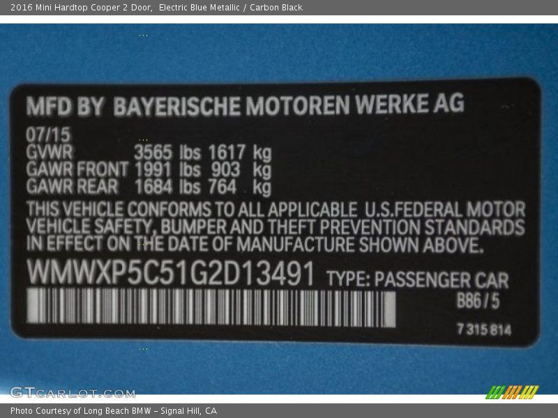Electric Blue Metallic / Carbon Black 2016 Mini Hardtop Cooper 2 Door