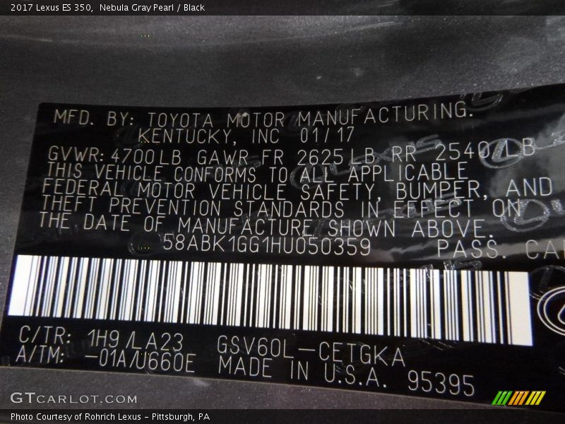 Nebula Gray Pearl / Black 2017 Lexus ES 350