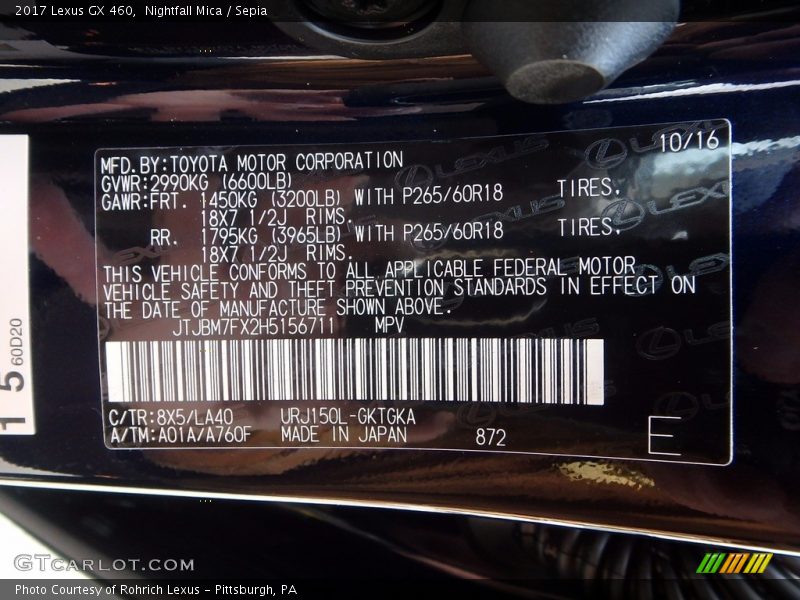 Nightfall Mica / Sepia 2017 Lexus GX 460