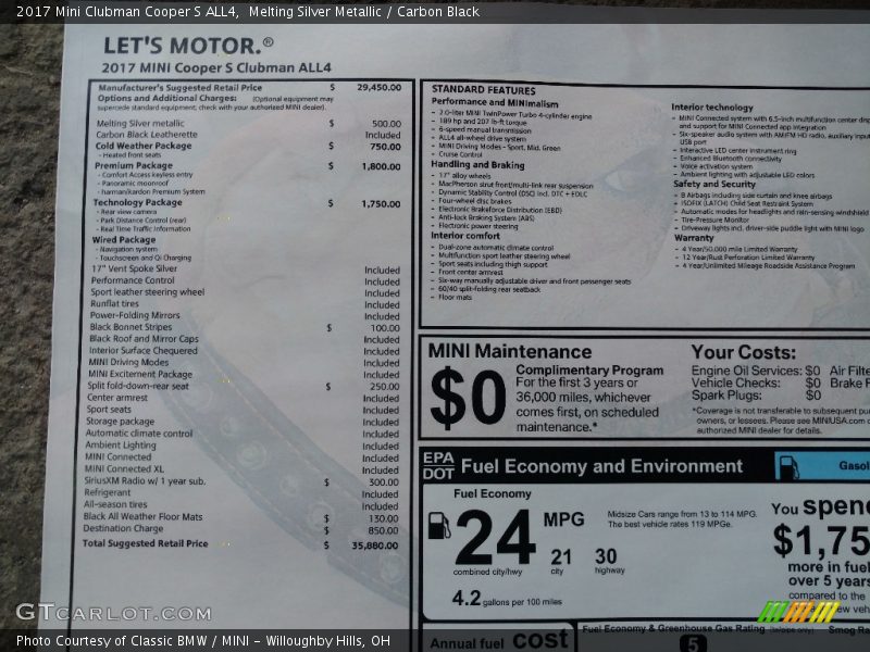  2017 Clubman Cooper S ALL4 Window Sticker