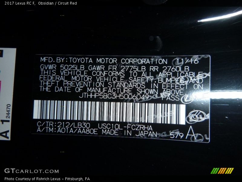 2017 RC F Obsidian Color Code 212