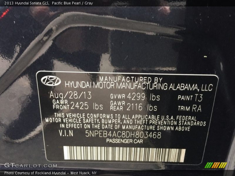 Pacific Blue Pearl / Gray 2013 Hyundai Sonata GLS