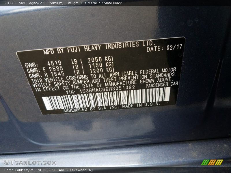 Twilight Blue Metallic / Slate Black 2017 Subaru Legacy 2.5i Premium