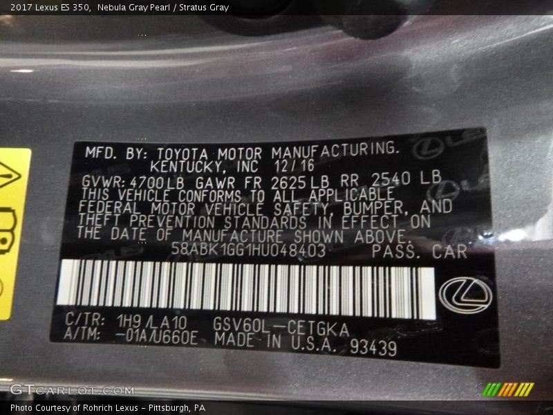 Nebula Gray Pearl / Stratus Gray 2017 Lexus ES 350