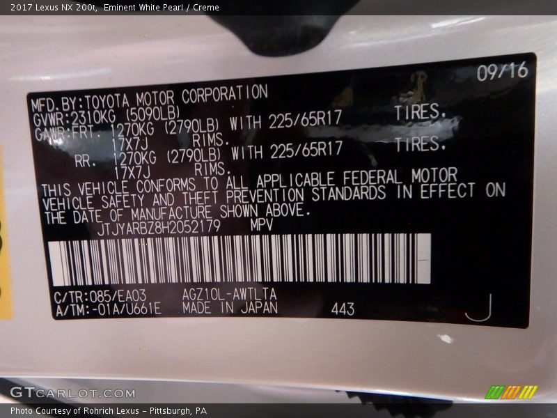 2017 NX 200t Eminent White Pearl Color Code 085