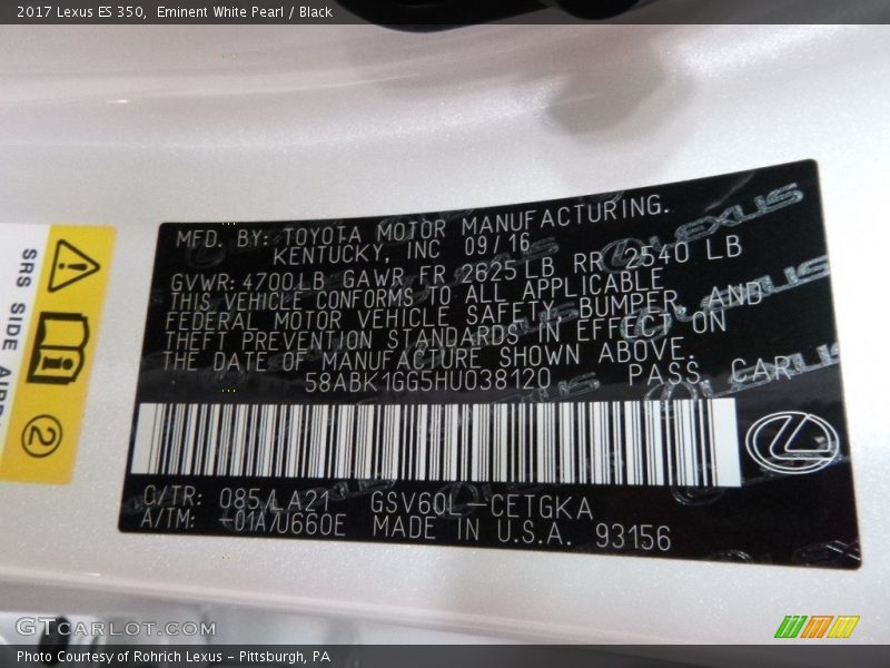 Eminent White Pearl / Black 2017 Lexus ES 350