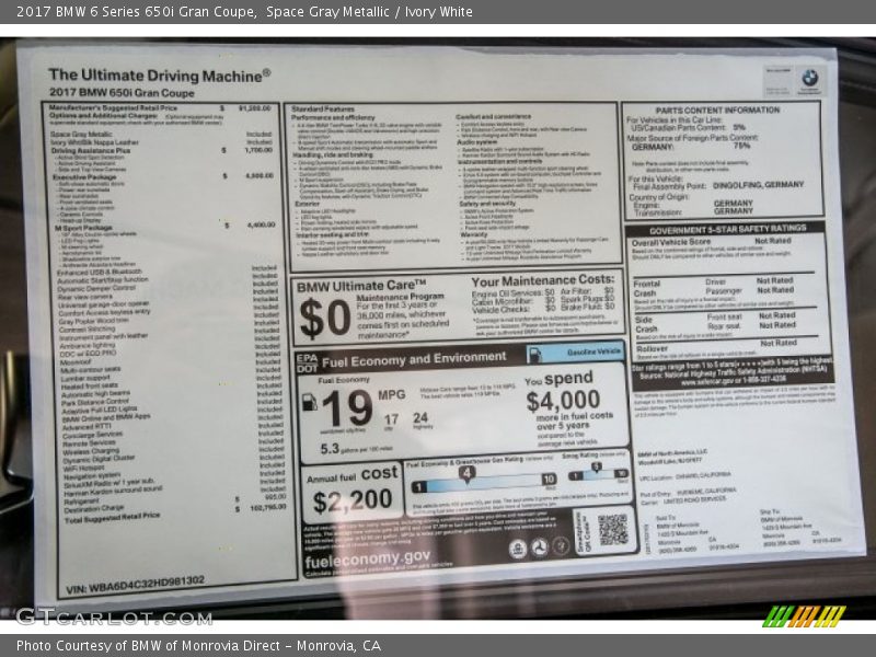  2017 6 Series 650i Gran Coupe Window Sticker