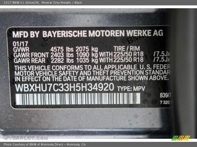 Mineral Grey Metallic / Black 2017 BMW X1 sDrive28i