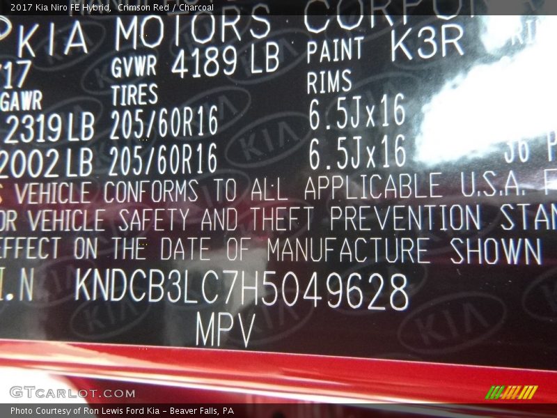Crimson Red / Charcoal 2017 Kia Niro FE Hybrid