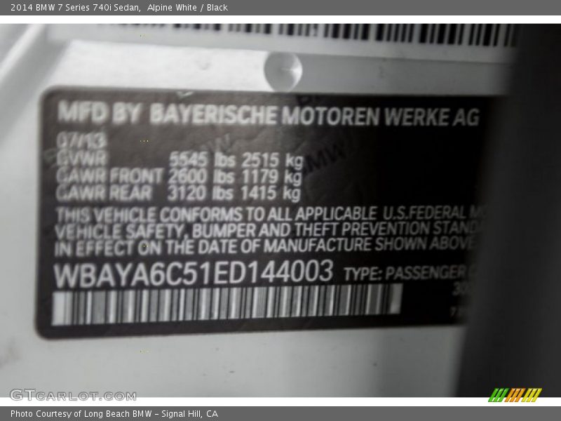 Alpine White / Black 2014 BMW 7 Series 740i Sedan