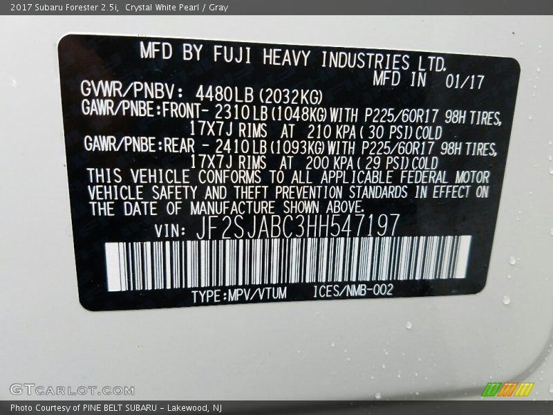 Crystal White Pearl / Gray 2017 Subaru Forester 2.5i