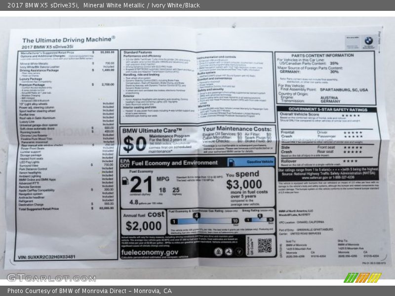 Mineral White Metallic / Ivory White/Black 2017 BMW X5 sDrive35i
