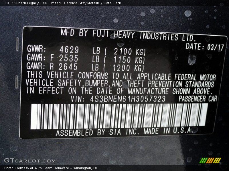Carbide Gray Metallic / Slate Black 2017 Subaru Legacy 3.6R Limited