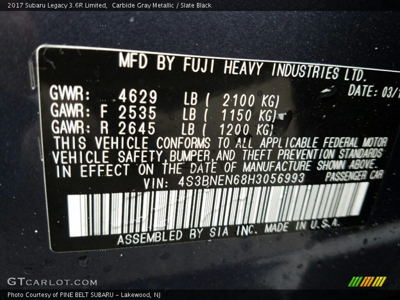 Carbide Gray Metallic / Slate Black 2017 Subaru Legacy 3.6R Limited