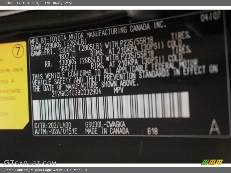 Black Onyx / Ivory 2008 Lexus RX 350