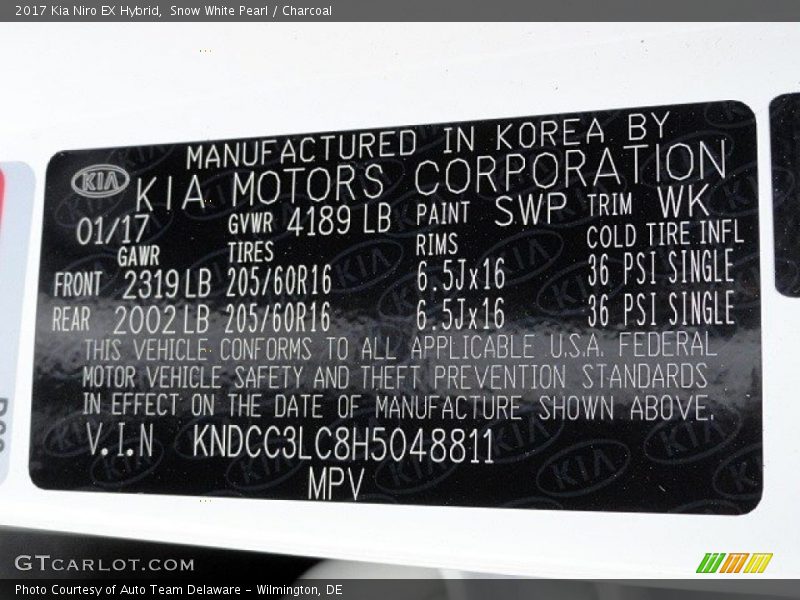 2017 Niro EX Hybrid Snow White Pearl Color Code SWP