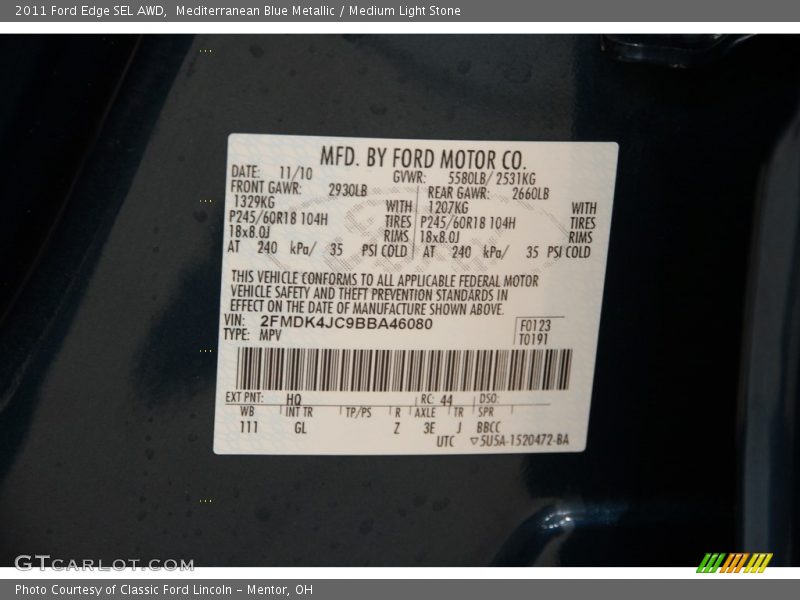Mediterranean Blue Metallic / Medium Light Stone 2011 Ford Edge SEL AWD