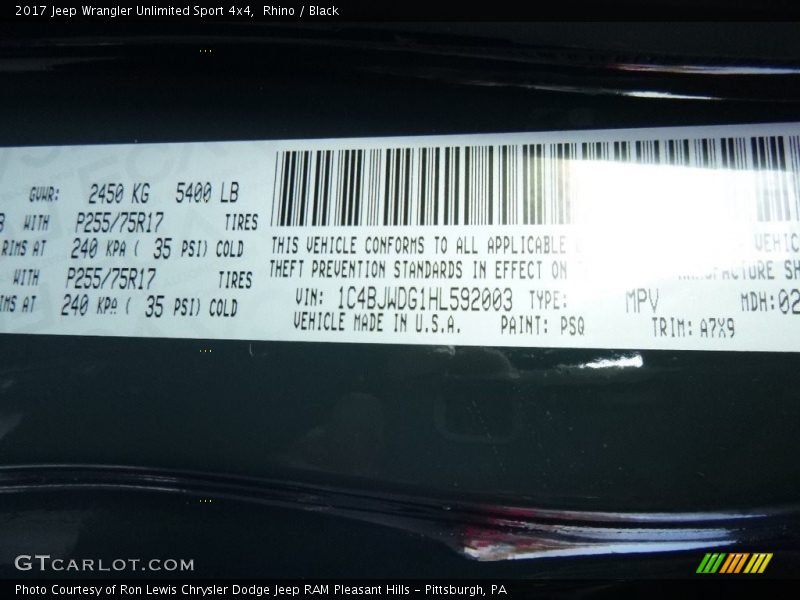 Rhino / Black 2017 Jeep Wrangler Unlimited Sport 4x4