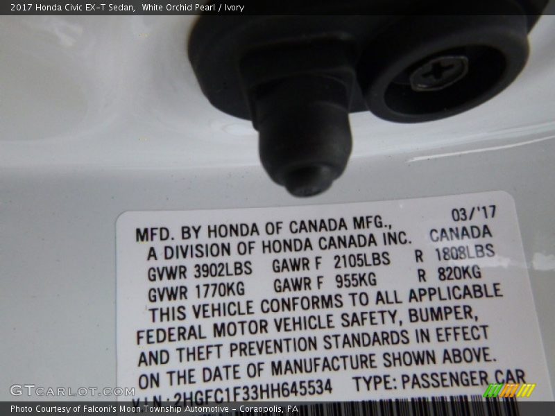 White Orchid Pearl / Ivory 2017 Honda Civic EX-T Sedan