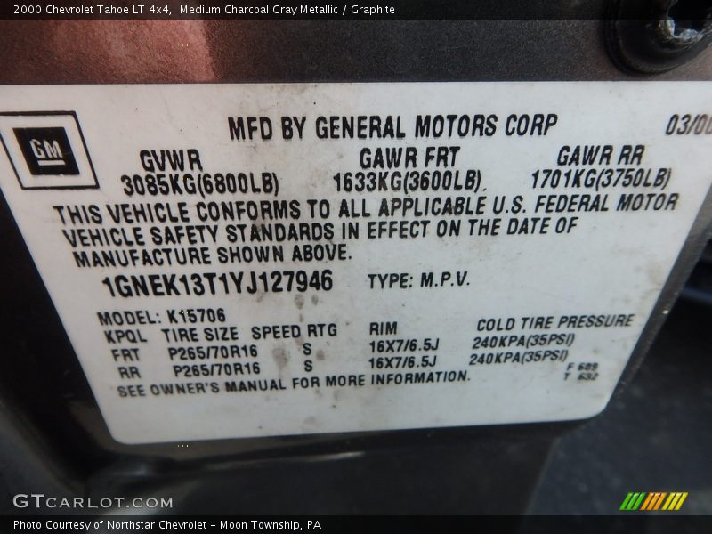 Medium Charcoal Gray Metallic / Graphite 2000 Chevrolet Tahoe LT 4x4