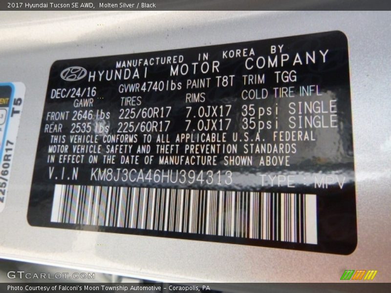 Molten Silver / Black 2017 Hyundai Tucson SE AWD
