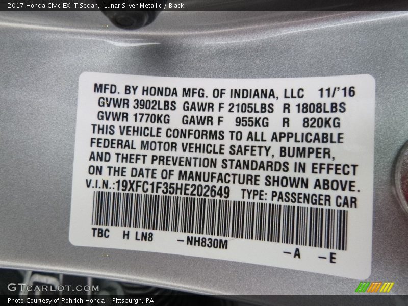 Lunar Silver Metallic / Black 2017 Honda Civic EX-T Sedan
