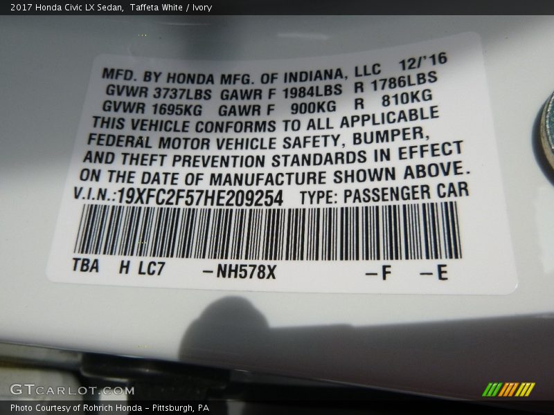 Taffeta White / Ivory 2017 Honda Civic LX Sedan