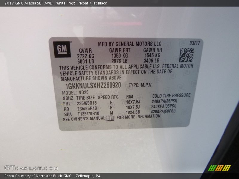 White Frost Tricoat / Jet Black 2017 GMC Acadia SLT AWD