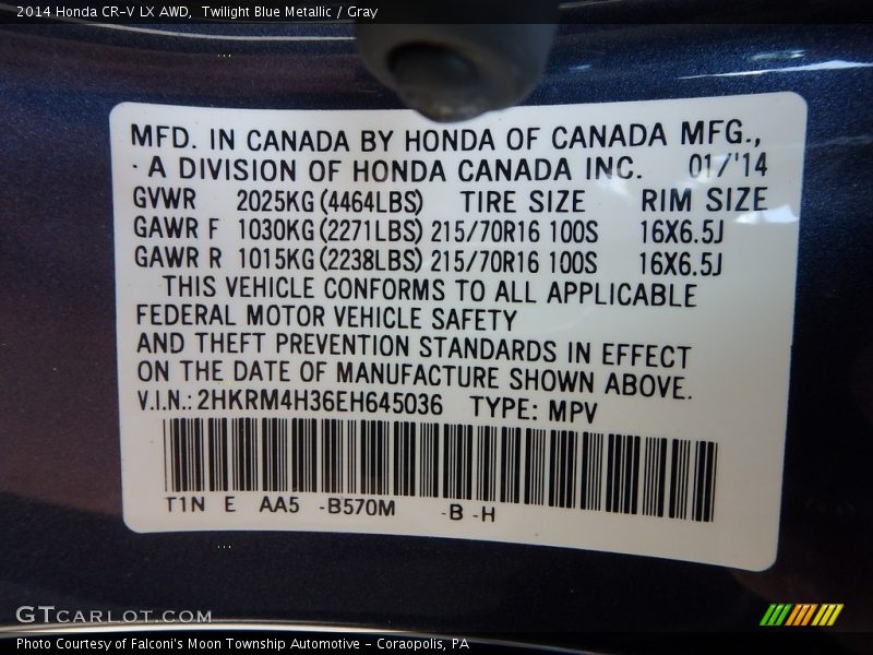 Twilight Blue Metallic / Gray 2014 Honda CR-V LX AWD