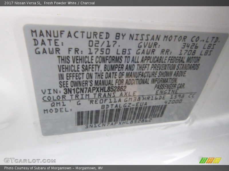 2017 Versa SL Fresh Powder White Color Code QM1