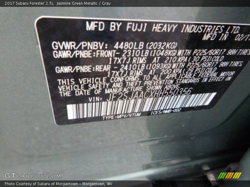 Jasmine Green Metallic / Gray 2017 Subaru Forester 2.5i